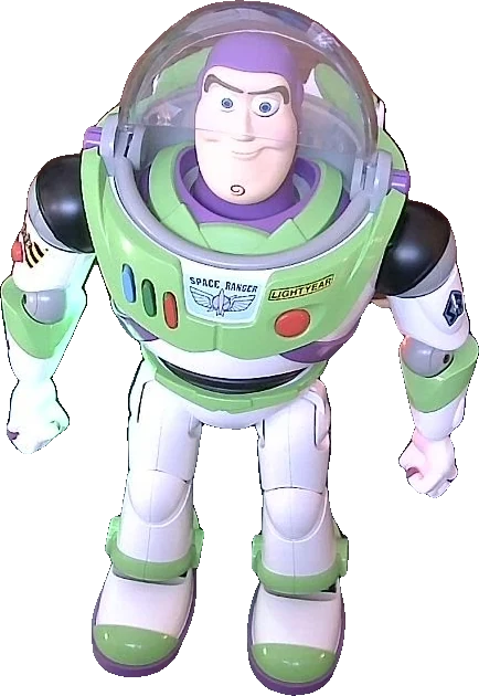 The real Buzz: a Robosen Buzz Lightyear robot with a clear dome helmet, photographed at home.